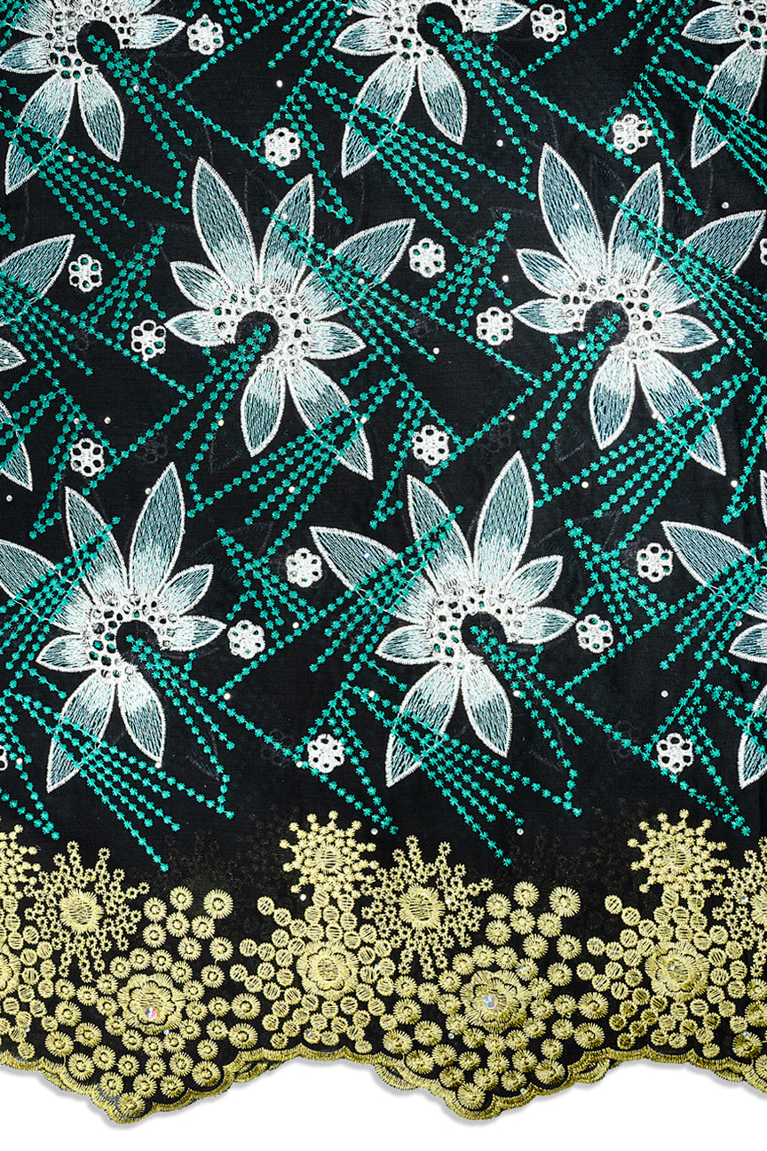 IRE679-BTL - Voile Lace - Black, Gold, Grey & Teal Green