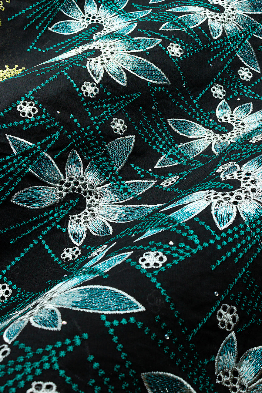 IRE679-BTL - Voile Lace - Black, Gold, Grey & Teal Green