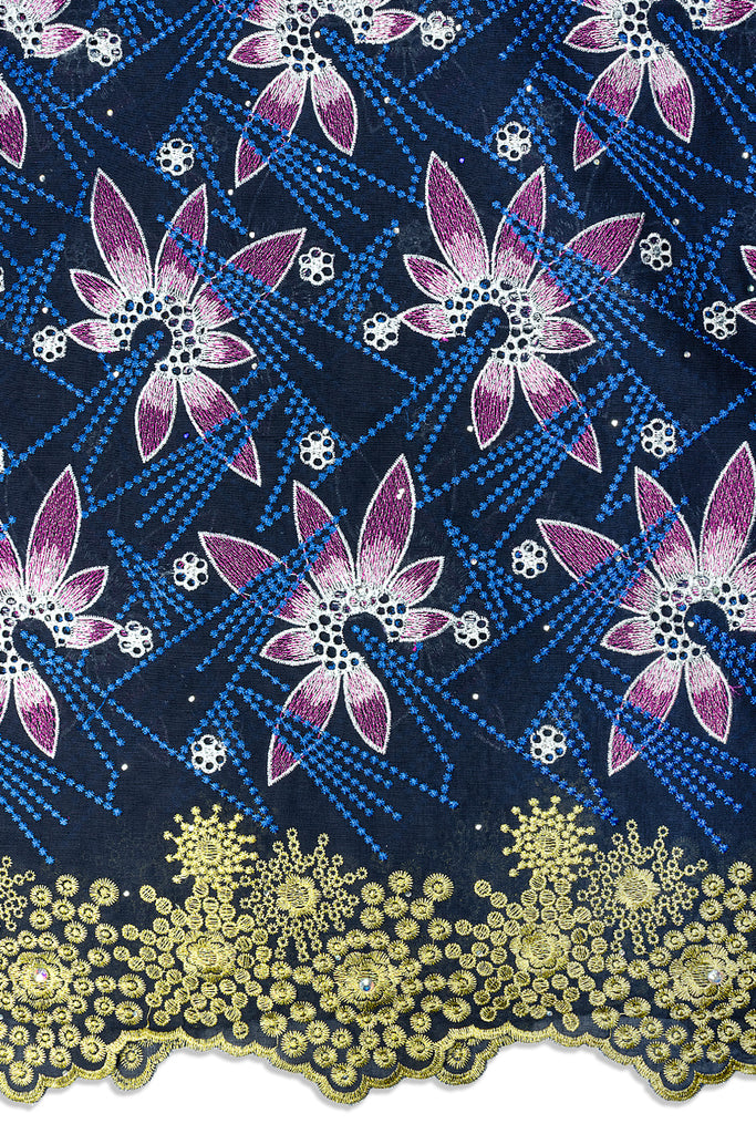 IRE679-MDB - Voile Lace - Midnight Blue, Gold, Pink & Grey