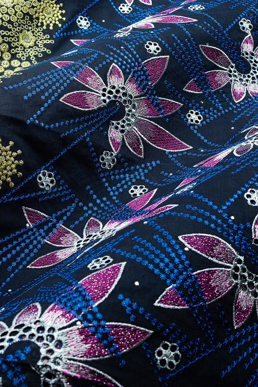 IRE679-MDB - Voile Lace - Midnight Blue, Gold, Pink & Grey
