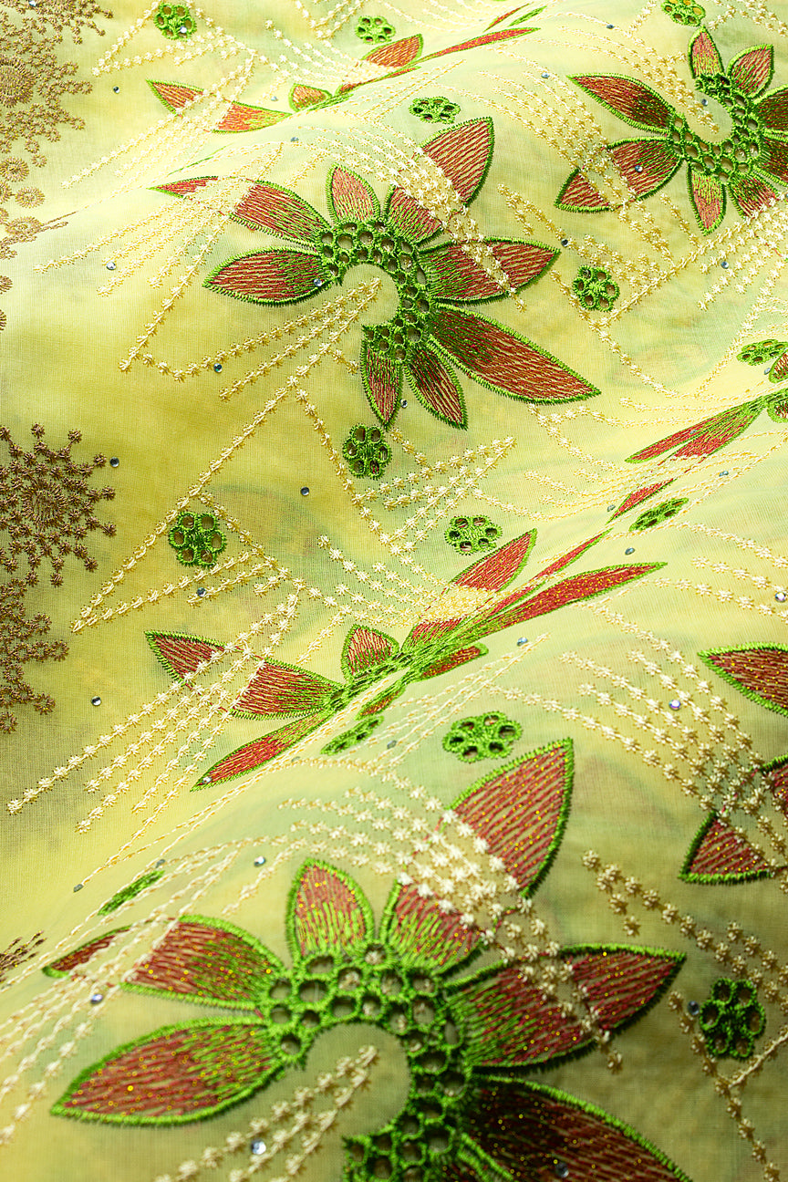 IRE679-PYL - Voile Lace - Pastel Yellow, Stone, Coral & Green