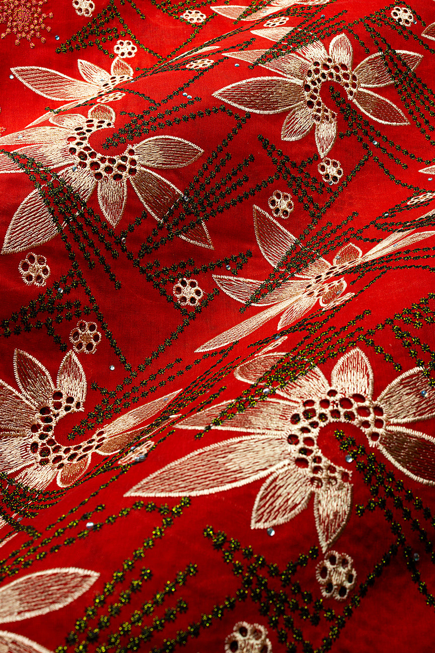 IRE679-RED - Voile Lace - Red, Cream & Black-Gold