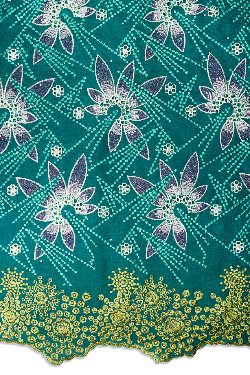 IRE679-TLG - Voile Lace - Teal Green, Gold & Ivory