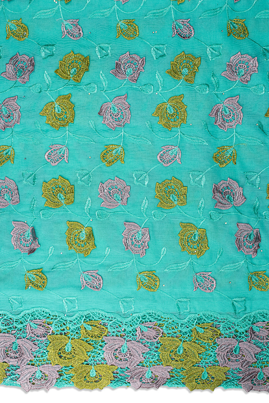 IRE680-AQM - Voile Lace with Appliqué - Aquamarine, Pink & Gold