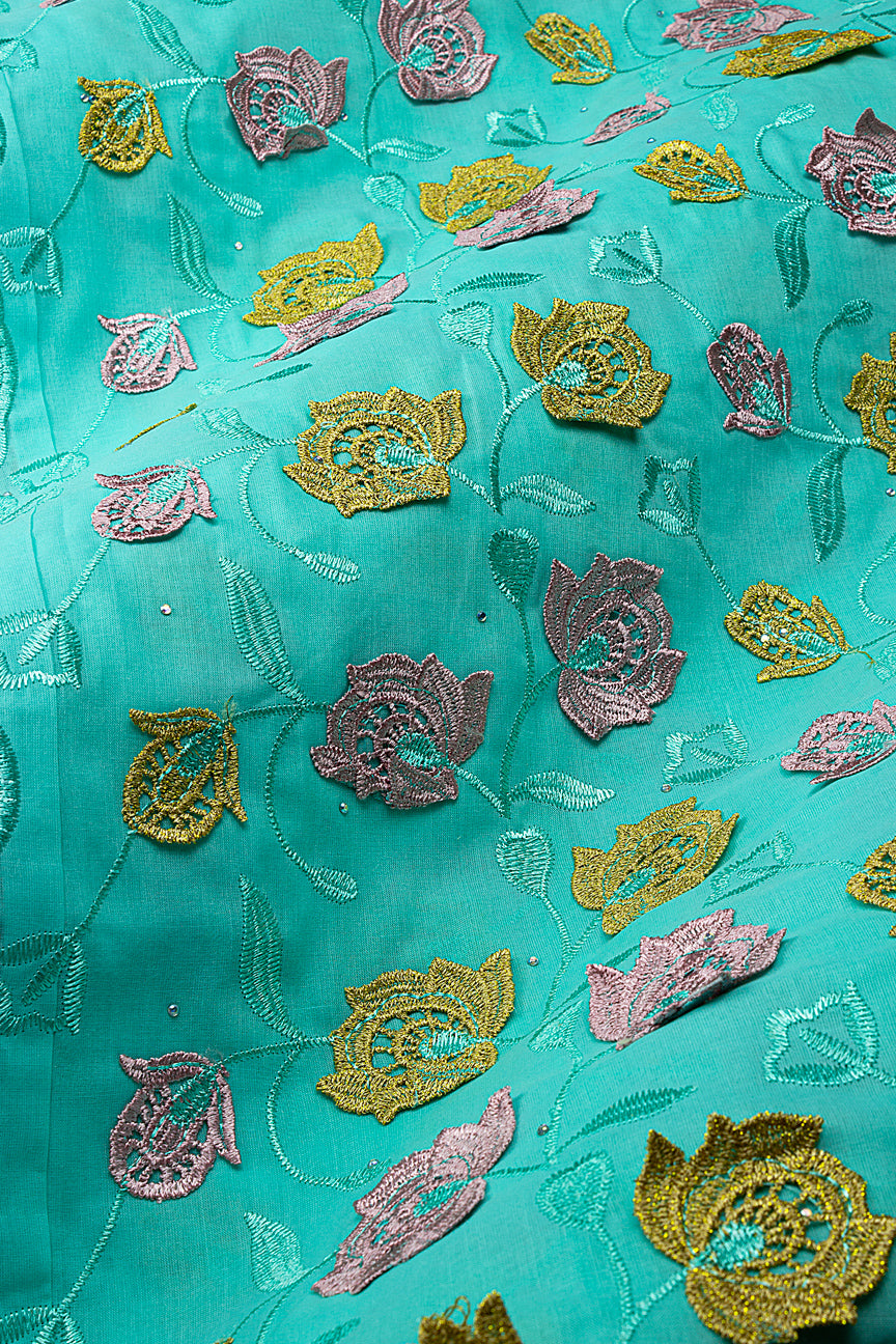IRE680-AQM - Voile Lace with Appliqué - Aquamarine, Pink & Gold