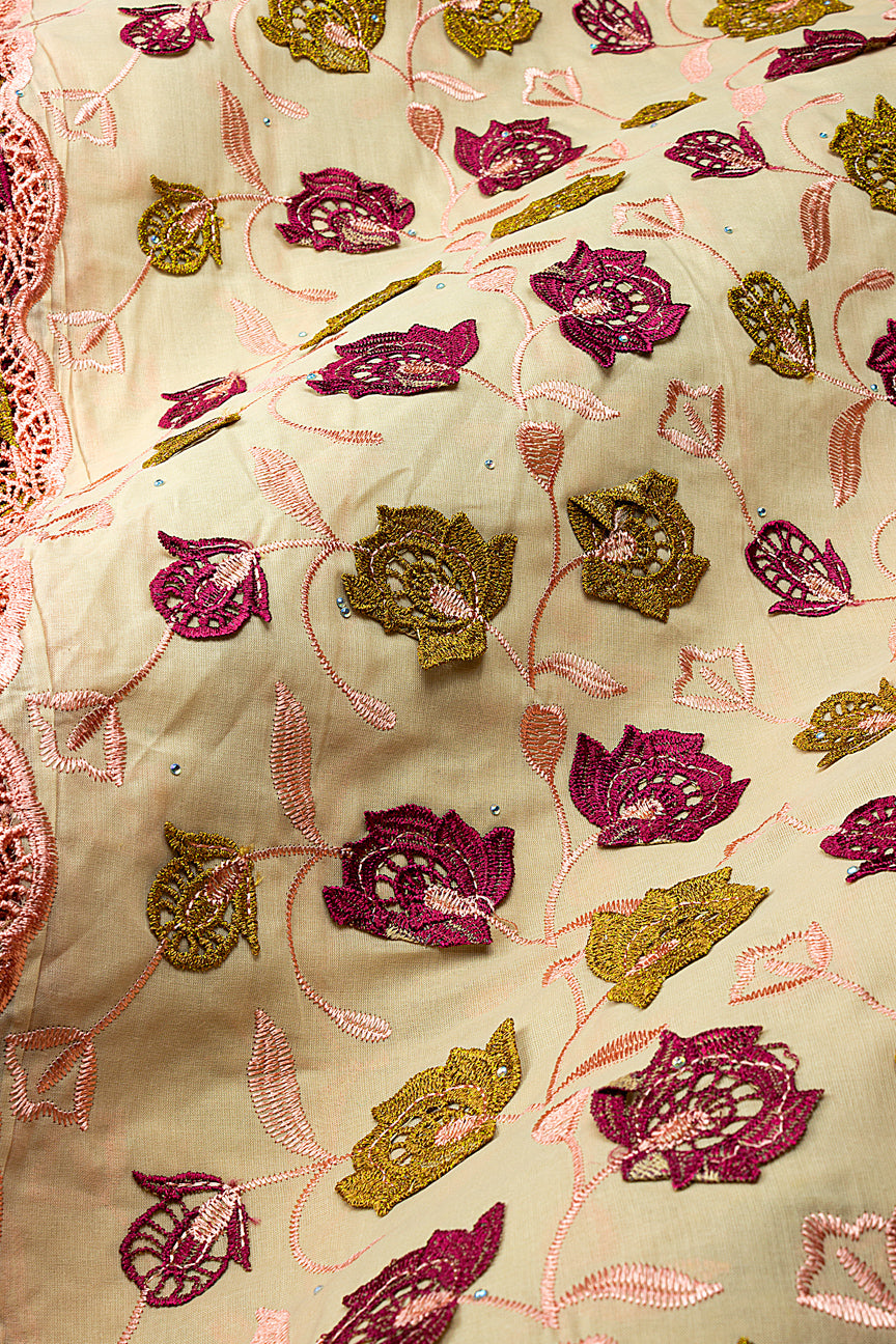IRE680-BGE - Voile Lace with Appliqué - Beige, Peach, Wine & Gold