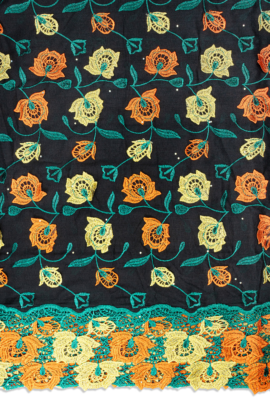 IRE680-BLK - Voile Lace with Appliqué - Black, Teal, Orange & Gold
