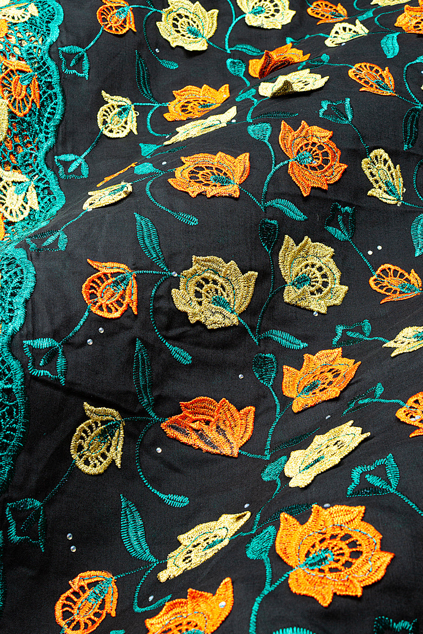 IRE680-BLK - Voile Lace with Appliqué - Black, Teal, Orange & Gold