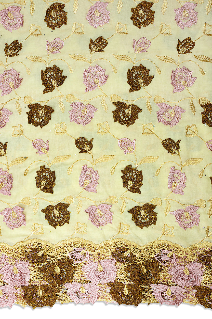 IRE680-CRM - Voile Lace with Appliqué - Cream, Pink & Chocolate
