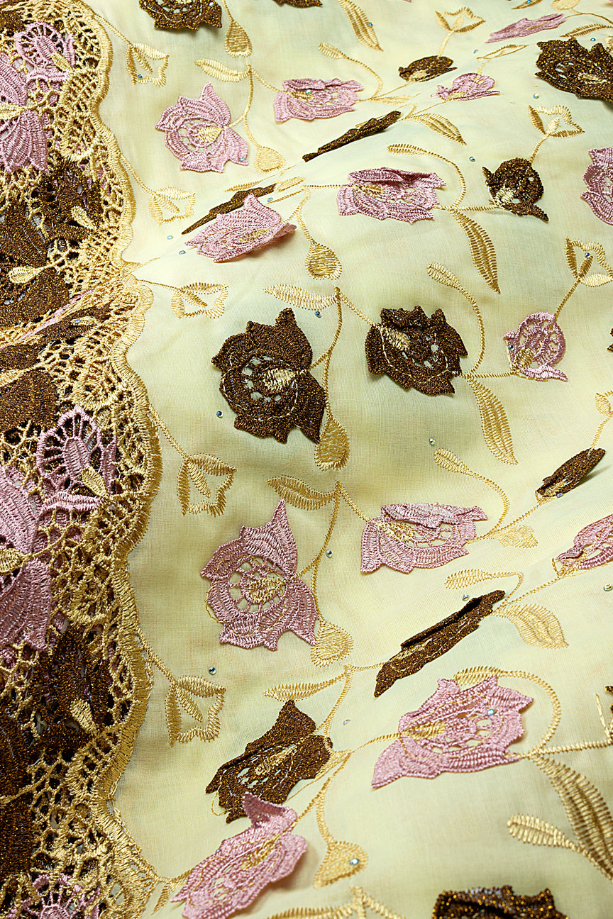 IRE680-CRM - Voile Lace with Appliqué - Cream, Pink & Chocolate