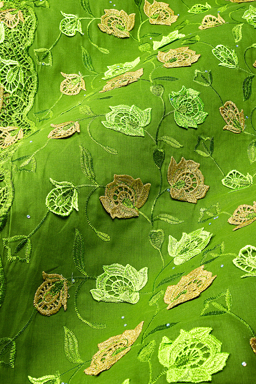 IRE680-LGN - Voile Lace with Appliqué - Leaf Green, Lime & Gold