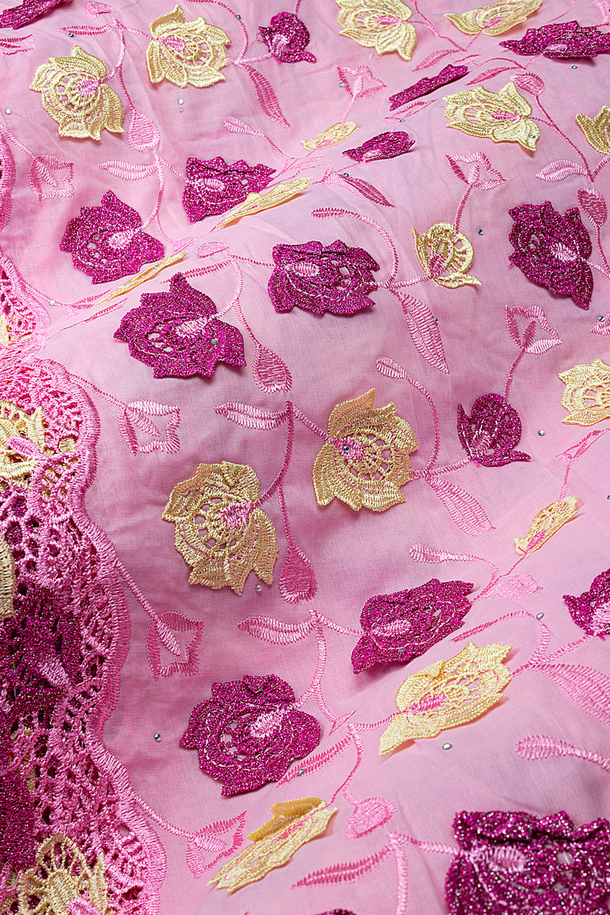 IRE680-PNK - Voile Lace with Appliqué - Pink, Fuchsia & Cream