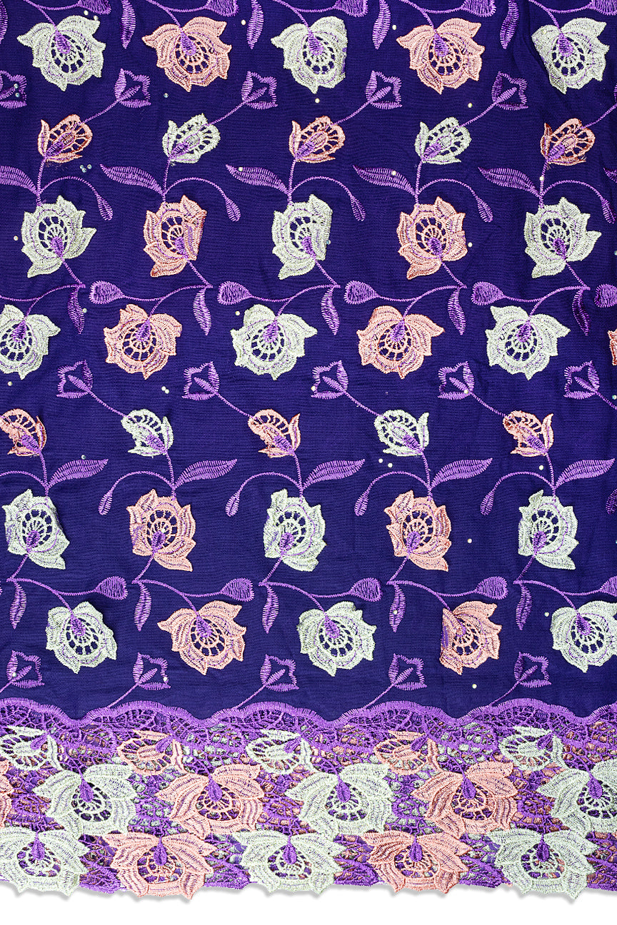 IRE680-PUR - Voile Lace with Appliqué - Purple, Peach & Cream