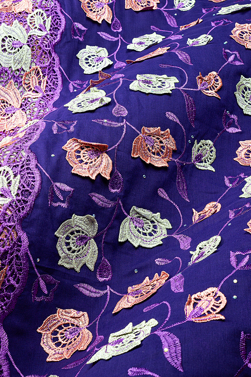 IRE680-PUR - Voile Lace with Appliqué - Purple, Peach & Cream