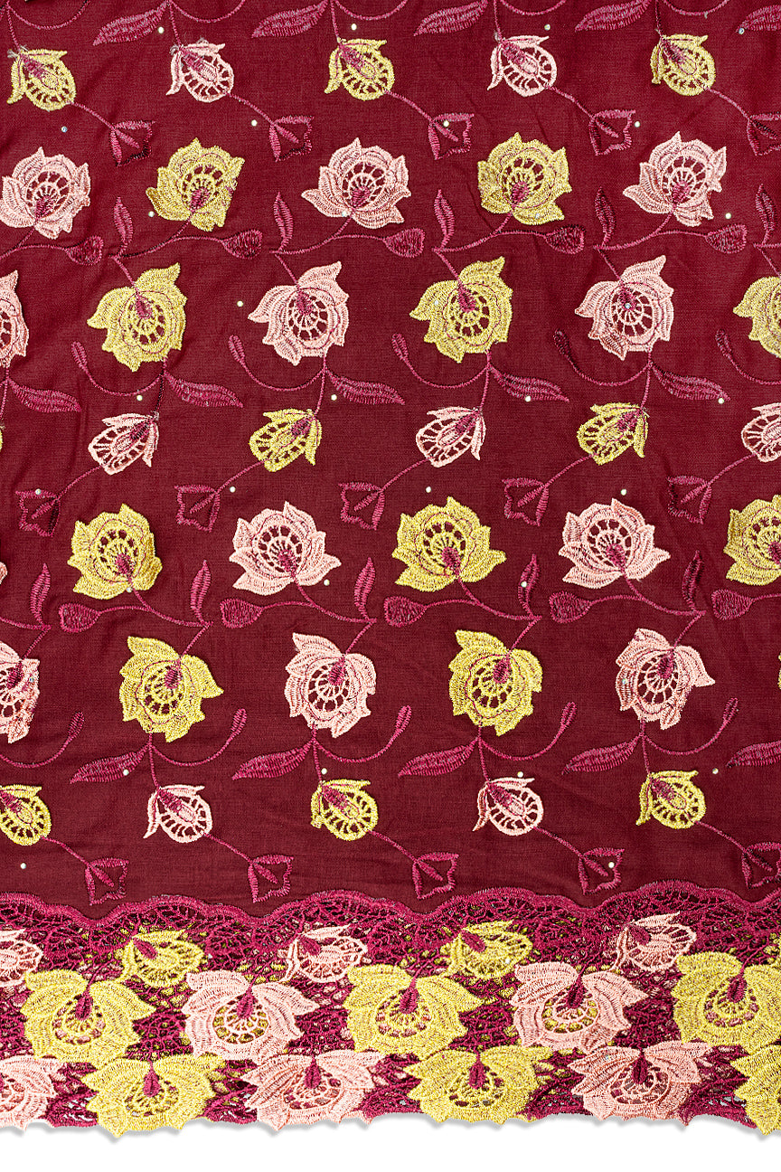IRE680-WIN - Voile Lace with Appliqué - Wine, Peach & Gold