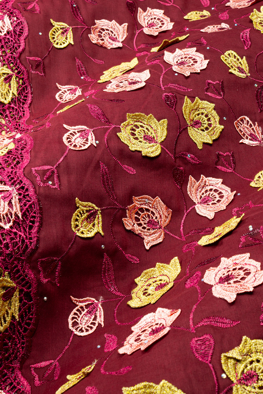IRE680-WIN - Voile Lace with Appliqué - Wine, Peach & Gold