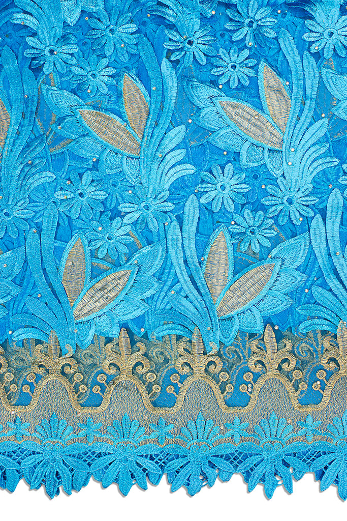 LFR235-TQB - Big French Lace with Guipure Border - Turquoise Blue & Gold