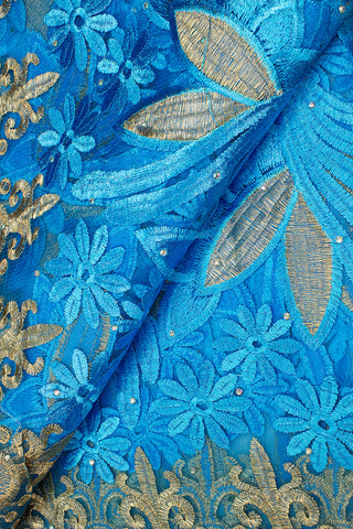 LFR235-TQB - Big French Lace with Guipure Border - Turquoise Blue & Gold