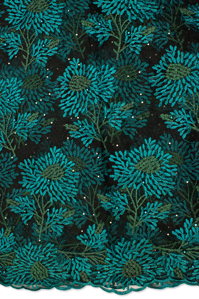 LFR236-BGN - French Lace with Beads - Black & Bottle Green