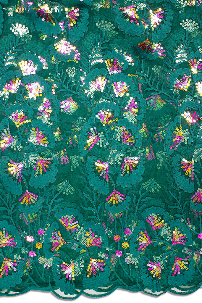 LFR240-BGN - Sequined French Lace - Bottle Green & Multicolour