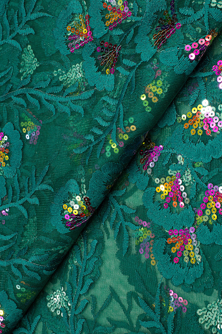 LFR240-BGN - Sequined French Lace - Bottle Green & Multicolour