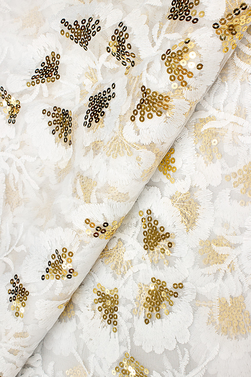 LFR240-WGD - Sequined French Lace - White & Gold