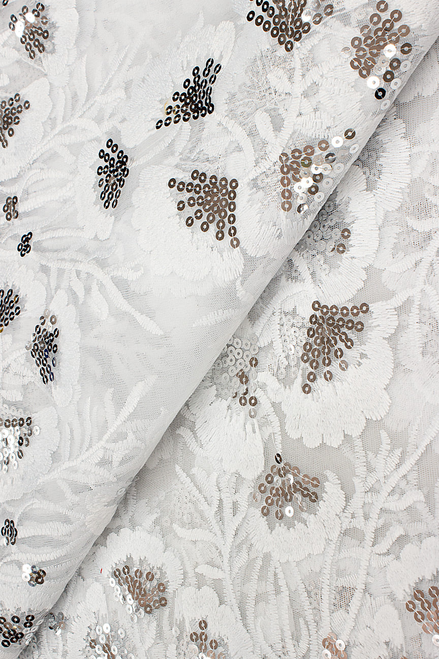 LFR240-WSL - Sequined French Lace - White & Silver