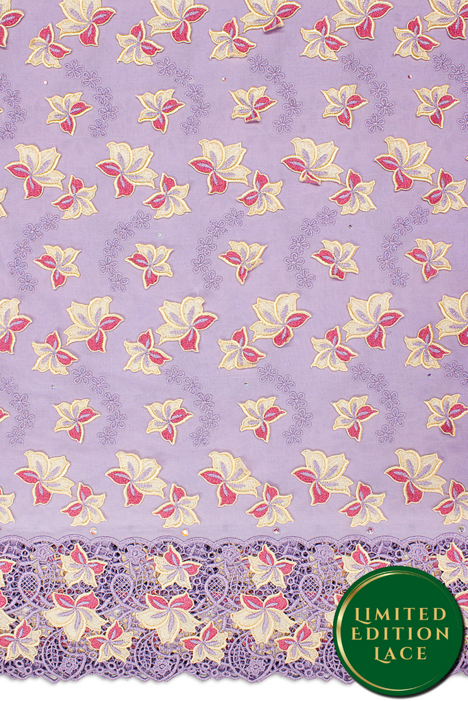 LTD495-LIL - Limited Edition Voile Lace, with Appliqué - Lilac, Cream & Rose Pink