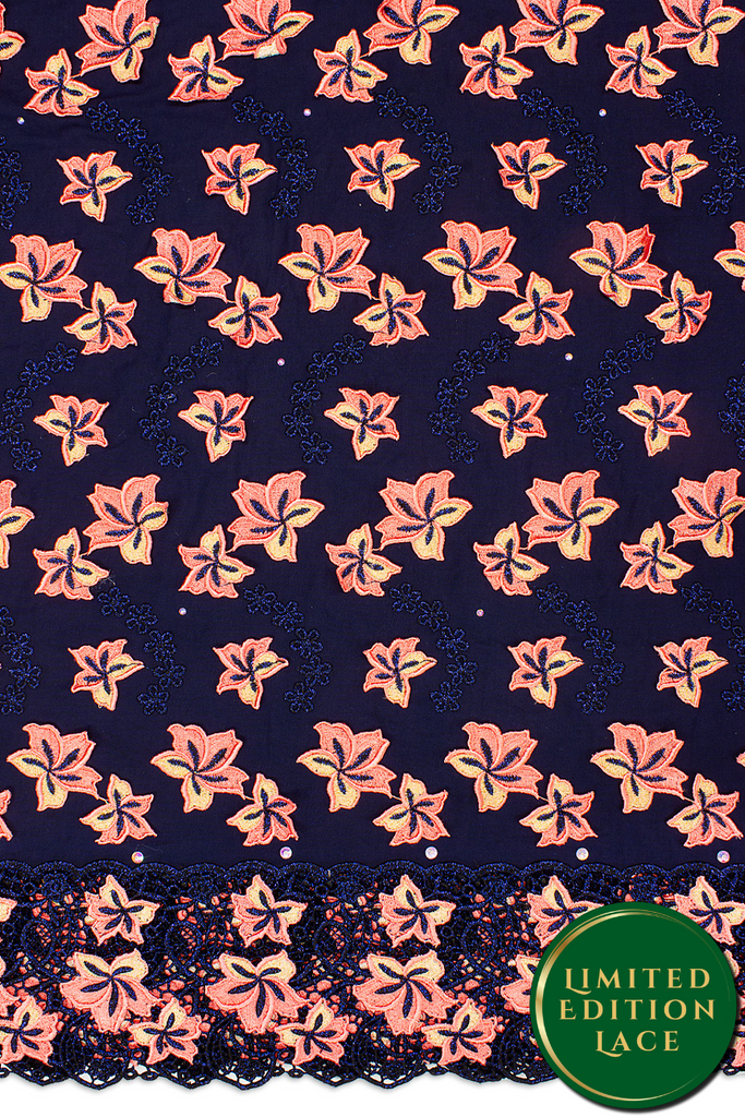 LTD495-MDB - Limited Edition Voile Lace, with Appliqué - Midnight Blue, Coral & Gold
