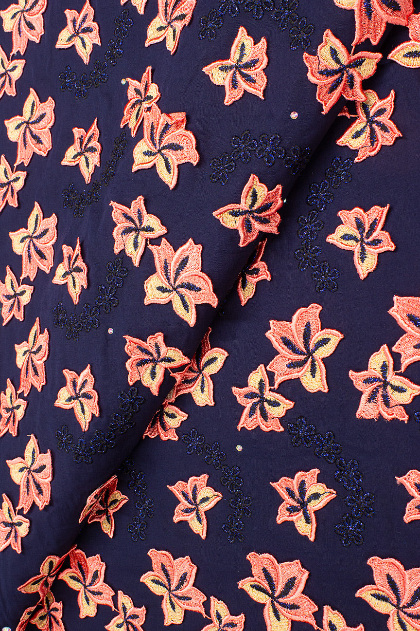 LTD495-MDB - Limited Edition Voile Lace, with Appliqué - Midnight Blue, Coral & Gold