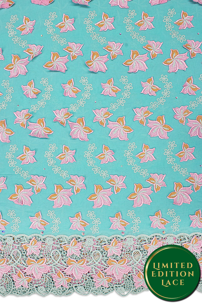 LTD495-MNT - Limited Edition Voile Lace, with Appliqué - Mint, Baby Pink & Gold