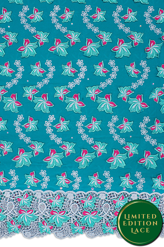 LTD495-SGN - Limited Edition Voile Lace, with Appliqué - Sea Green & Cardinal Pink