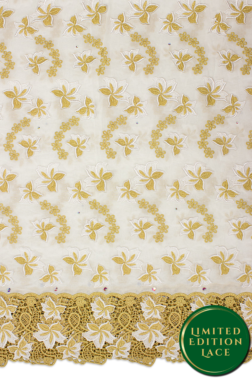 LTD495-WGD - Limited Edition Voile Lace, with Appliqué - White & Gold
