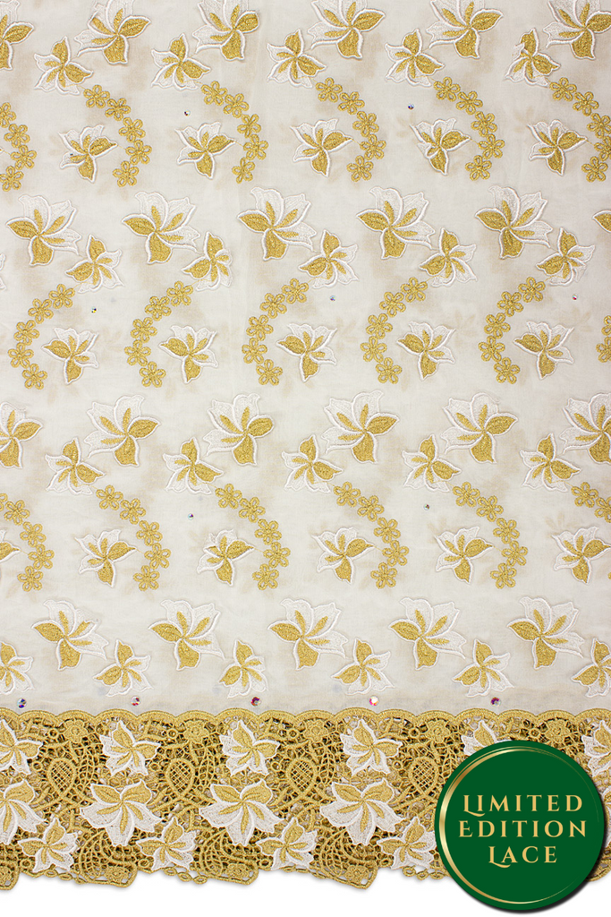 LTD495-WGD - Limited Edition Voile Lace, with Appliqué - White & Gold