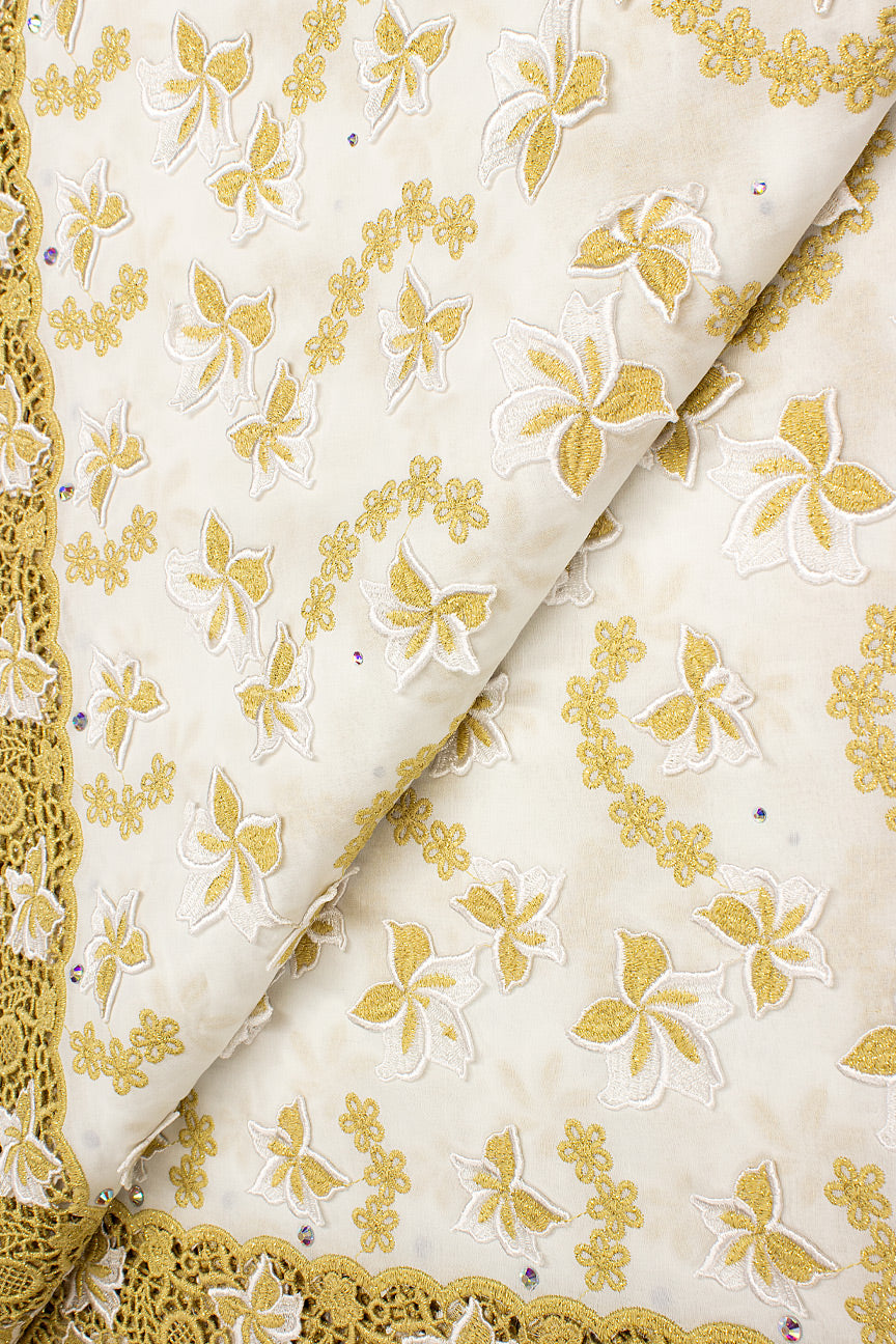 LTD495-WGD - Limited Edition Voile Lace, with Appliqué - White & Gold
