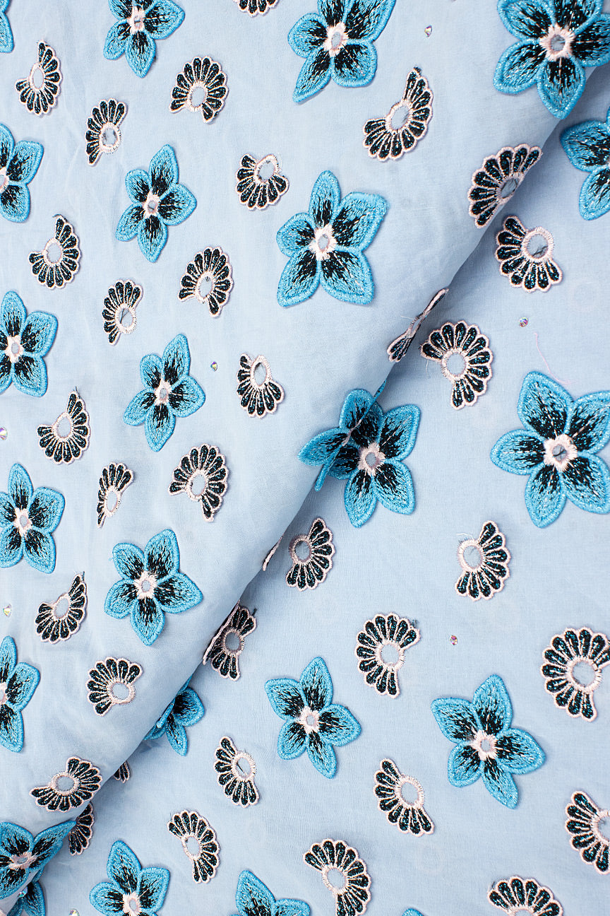 LTD496-AQB - Limited Edition Voile Lace, with Appliqué - Pale Blue, Aqua, Black & Pastel Pink