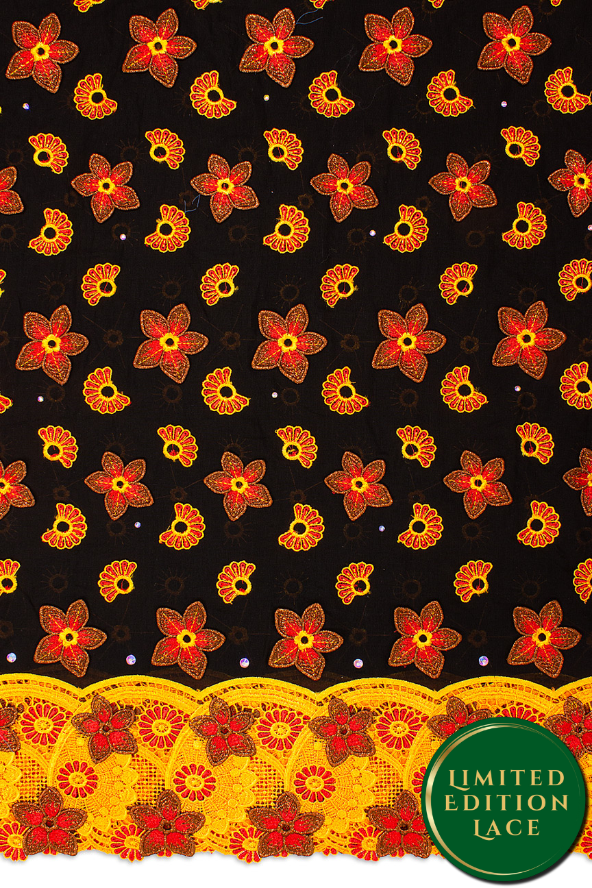 LTD496-BKO - Limited Edition Voile Lace, with Appliqué - Black, Orange & Wine
