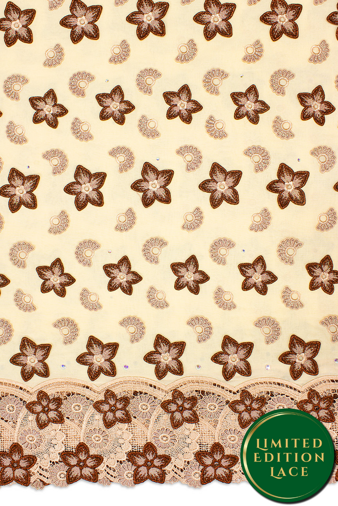 LTD496-CRB - Limited Edition Voile Lace, with Appliqué - Cream, Brown & Stone
