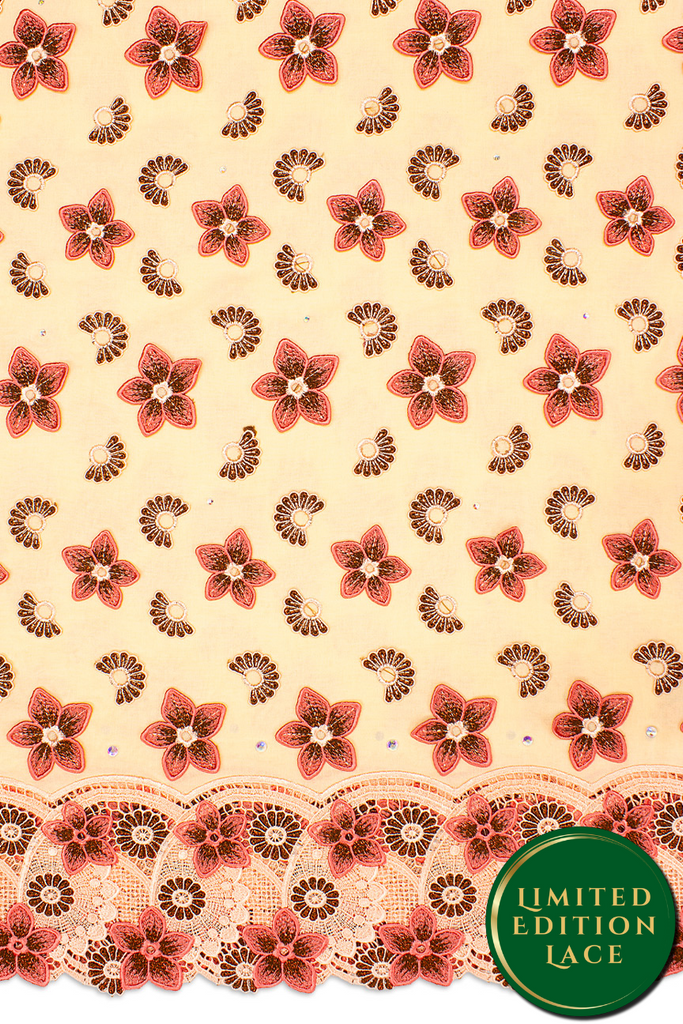 LTD496-CRW - Limited Edition Voile Lace, with Appliqué - Cream, Wine & Coral Pink
