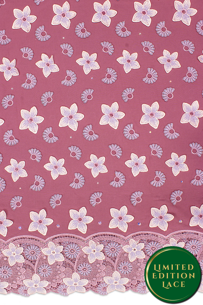 LTD496-ONI - Limited Edition Voile Lace, with Appliqué - Deep Onion, Lavender & Ivory