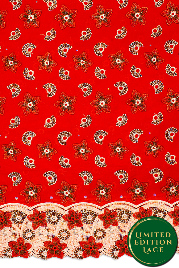 LTD496-RED - Limited Edition Voile Lace, with Appliqué - Red, Light Peach & Bronze