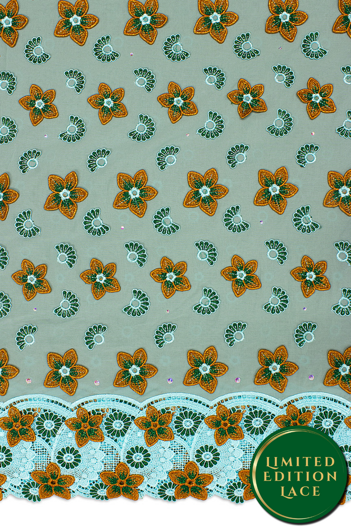 LTD496-SAG - Limited Edition Voile Lace, with Appliqué - Sage Green, Aqua & Bronze