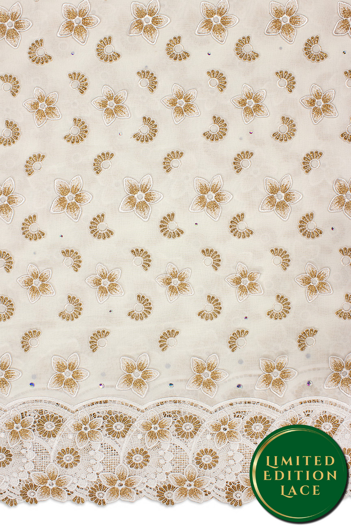 LTD496-WGD - Limited Edition Voile Lace, with Appliqué - White & Gold