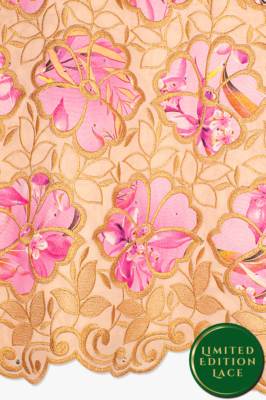 LTD497-BGP - Limited Edition Voile Lace, with Appliqué - Beige, Gold & Rose Pink Appliqué