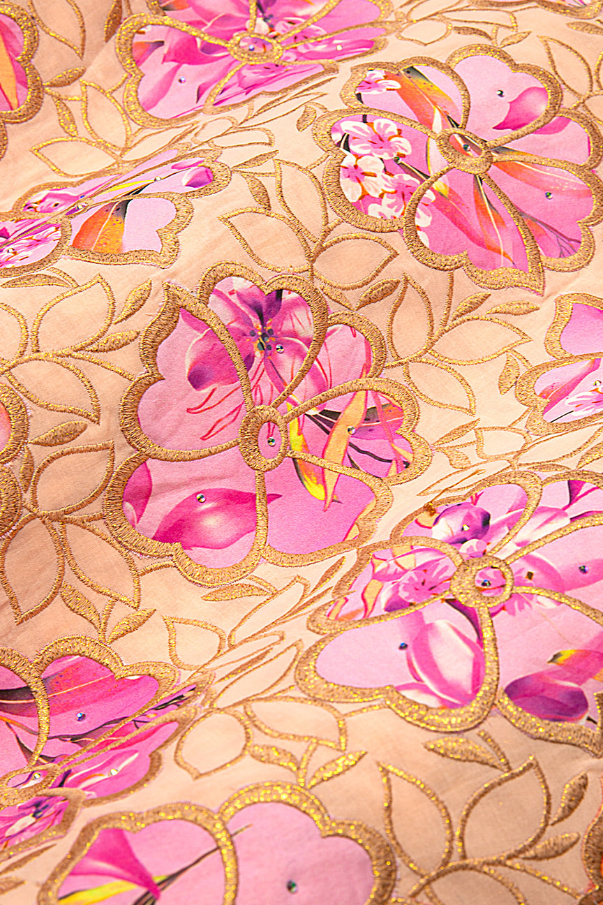 LTD497-BGP - Limited Edition Voile Lace, with Appliqué - Beige, Gold & Rose Pink Appliqué