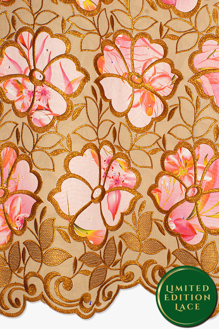LTD497-BRN - Limited Edition Voile Lace, with Appliqué - Brown, Bronze & Baby Pink Appliqué
