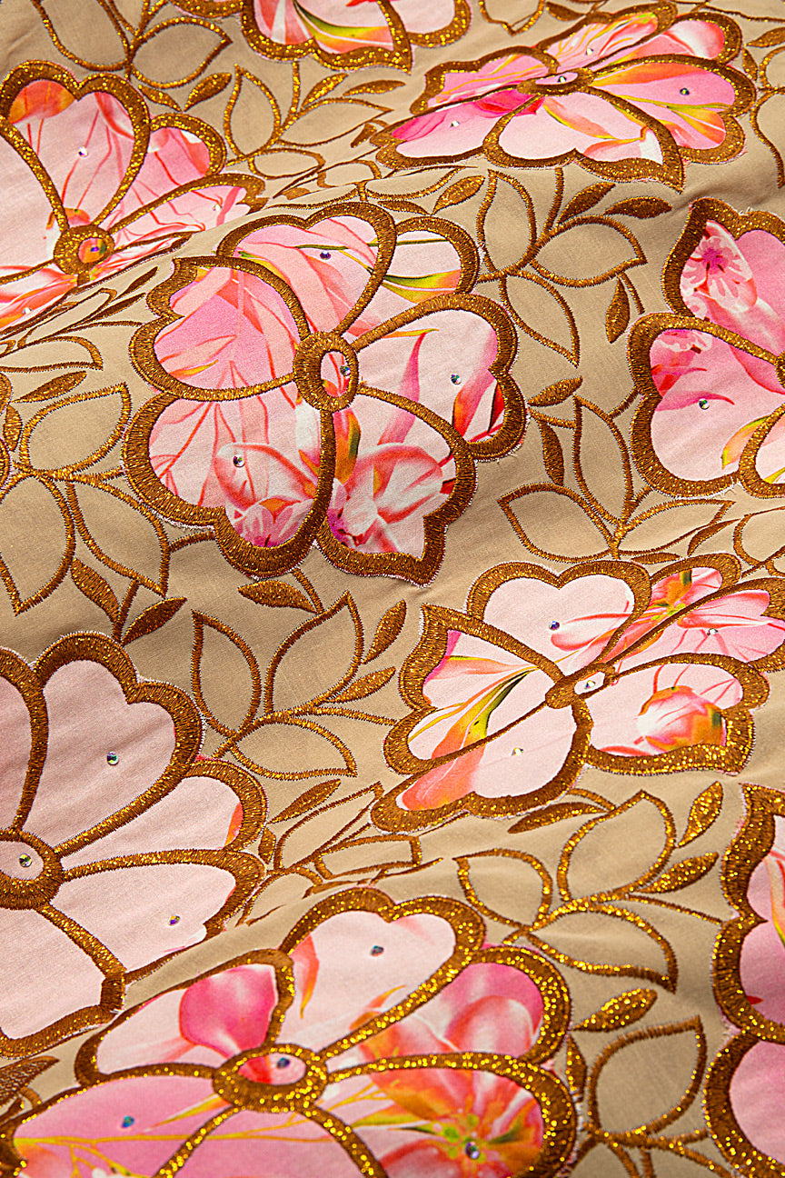 LTD497-BRN - Limited Edition Voile Lace, with Appliqué - Brown, Bronze & Baby Pink Appliqué