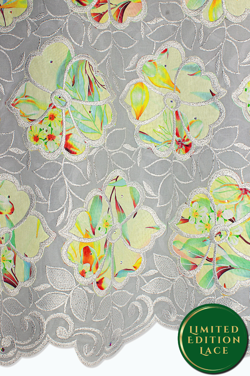 LTD497-GRY - Limited Edition Voile Lace, with Appliqué - Grey, Silver & Light Green Appliqué