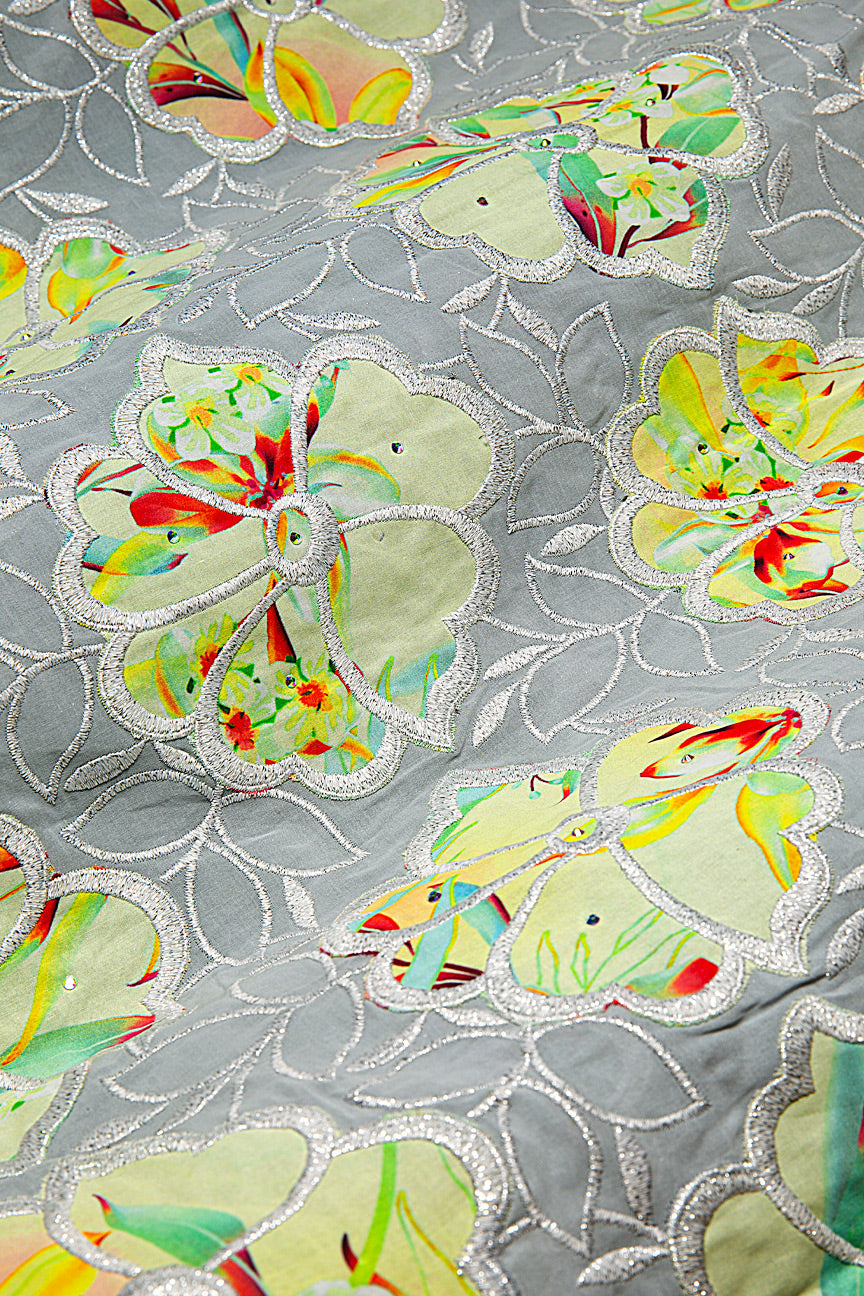 LTD497-GRY - Limited Edition Voile Lace, with Appliqué - Grey, Silver & Light Green Appliqué