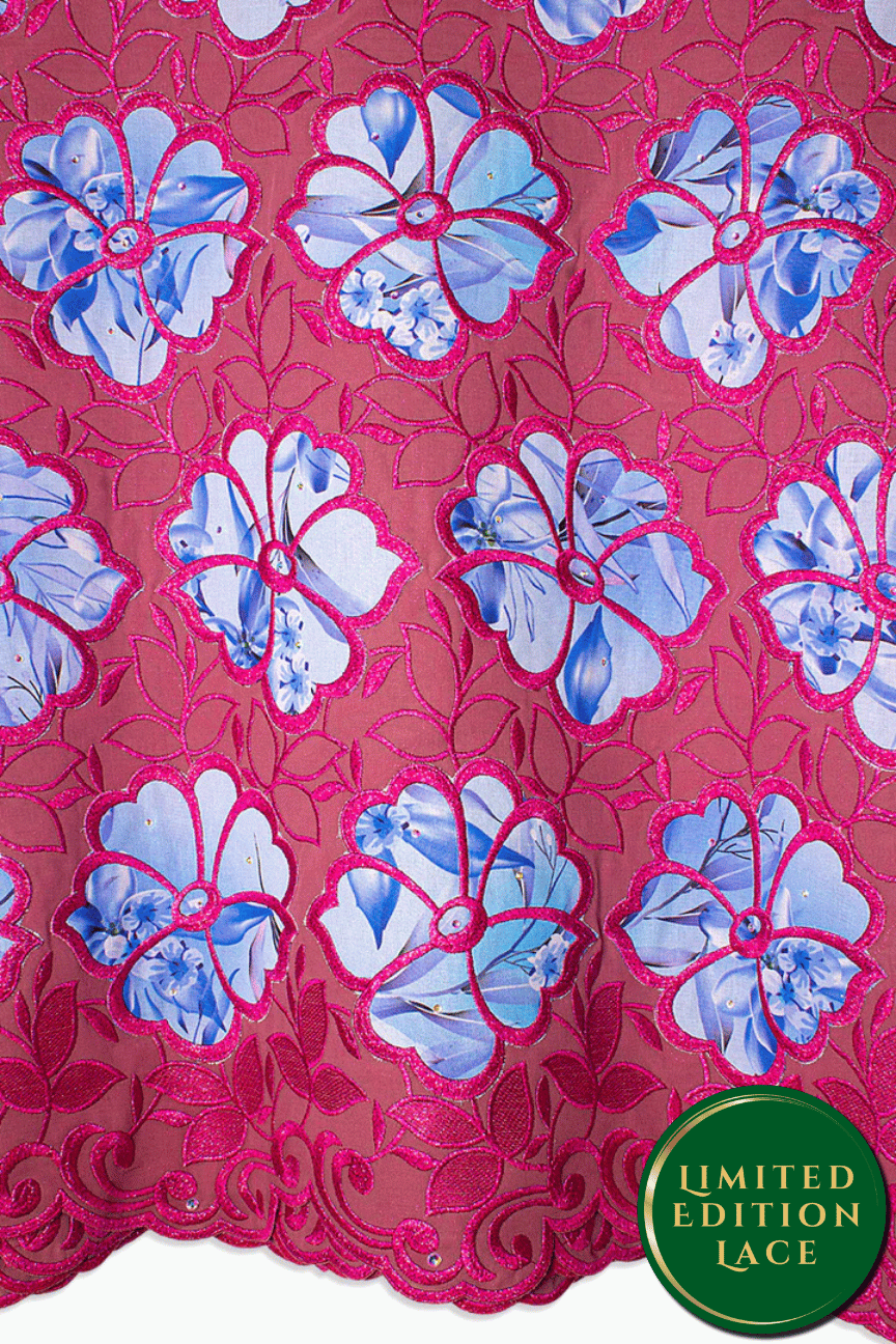 LTD497-MUL - Limited Edition Voile Lace, with Appliqué - Mulberry & Sky Blue Appliqué